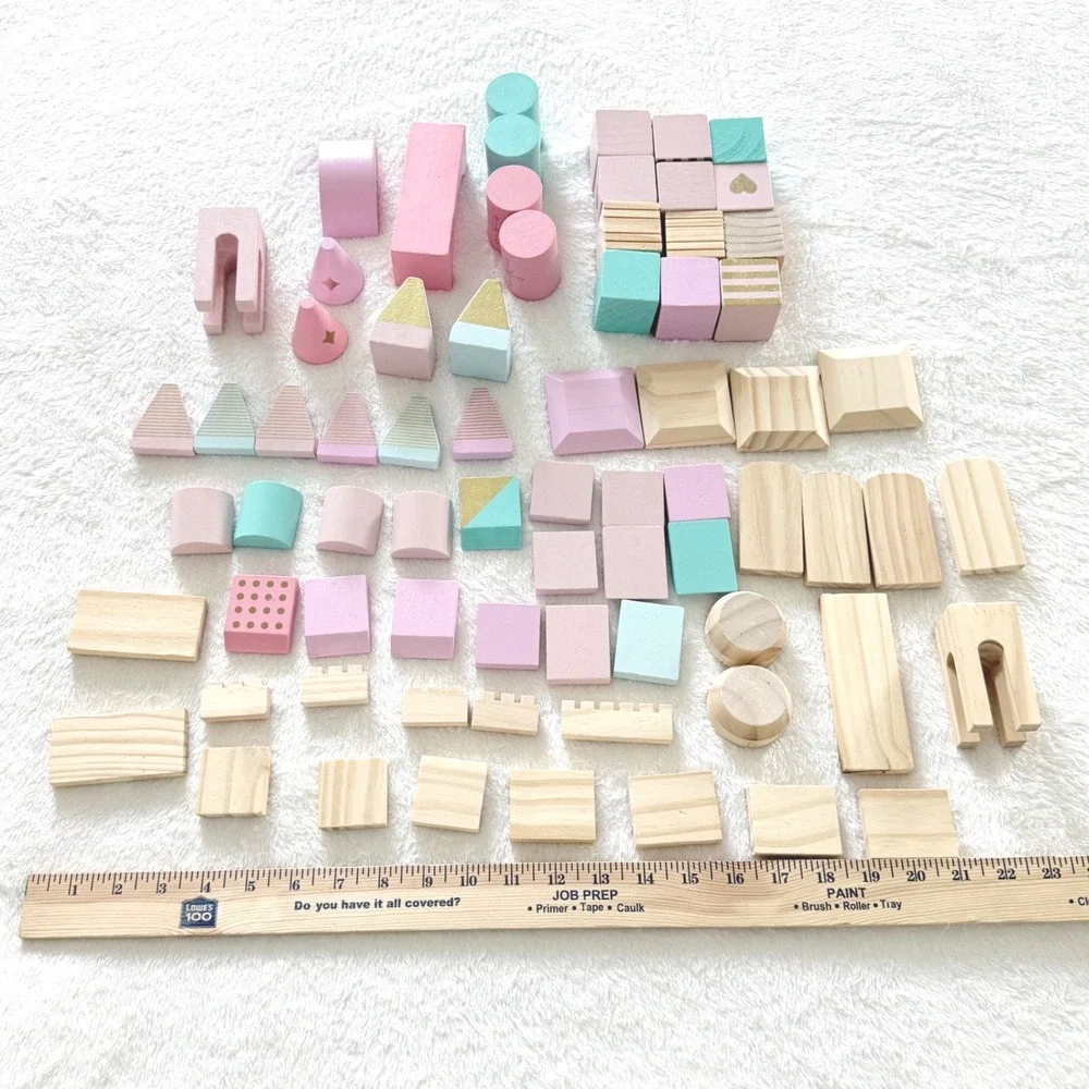 Wooden Building Blocks Kids Pink Green Pastel Geometric Set 70pc